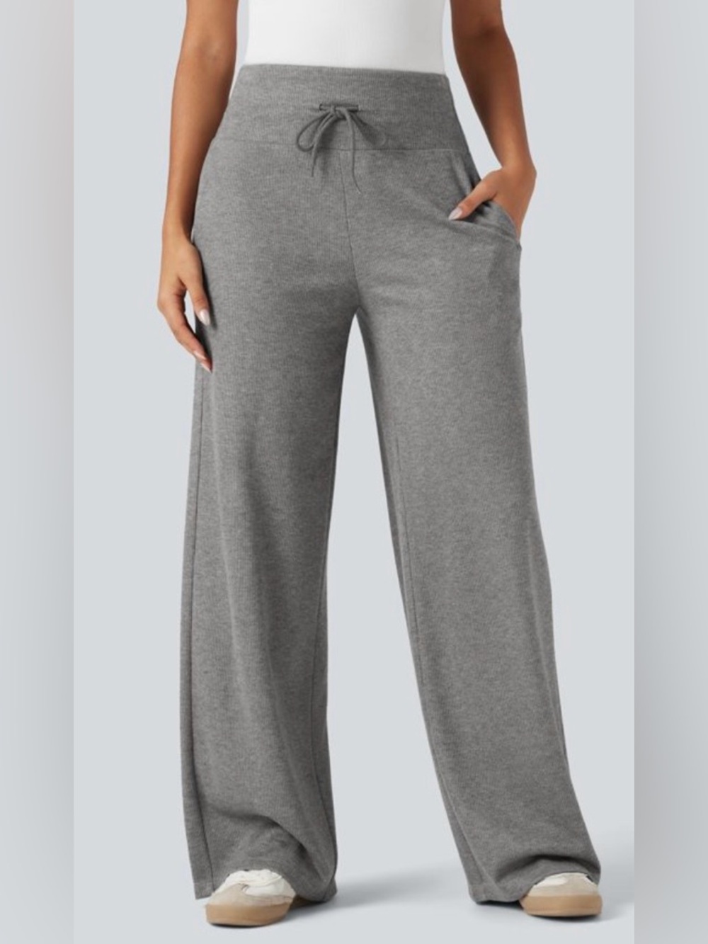HALARA Ribbed Knit High Waisted Tummy Control Drawstring Casual Wide Leg Pants